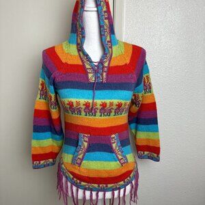 NWOT  Alpaca Hooded Sweater  Fringe Rainbow Size XXS - XS